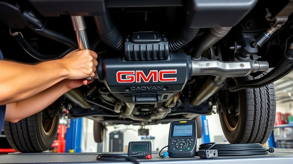 Close-up of mechanic's hands performing thorough inspection of GMC Canyon truck undercarriage with diagnostic tools and equipment visible on workbench