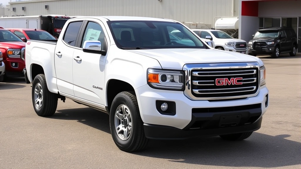 Mid-size GMC Canyon pickup truck parked in modern commercial fleet yard with other vehicles, showing truck's practical size and professional appearance in daylight
