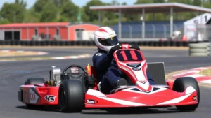 Professional go-kart racing driver in full safety gear operating a high-performance red racing kart on an outdoor track with clear sky and proper racing facility infrastructure