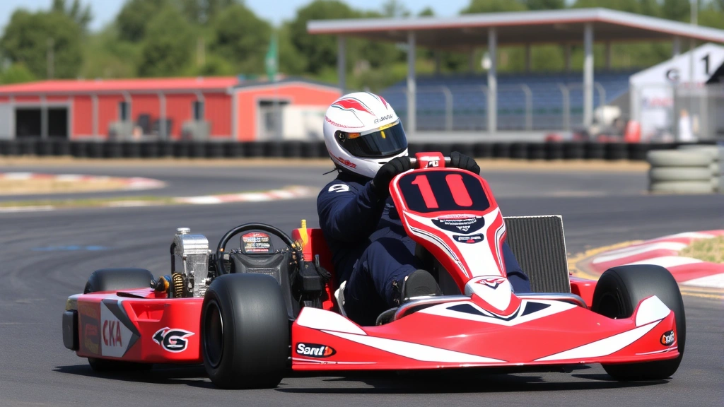 Professional go-kart racing driver in full safety gear operating a high-performance red racing kart on an outdoor track with clear sky and proper racing facility infrastructure
