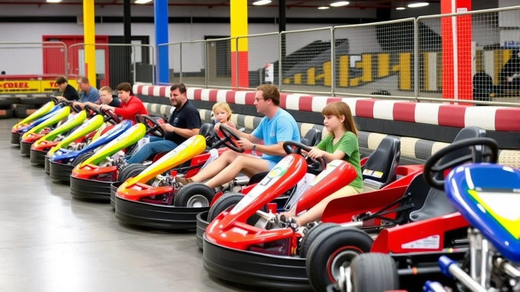 Family recreational go-kart experience with multiple colorful karts lined up at an indoor entertainment facility, showing well-maintained equipment and safety barriers