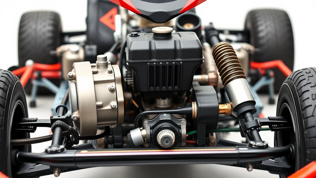 Close-up of go-kart mechanical components including engine, braking system, and frame construction details, showcasing engineering quality and professional manufacturing standards