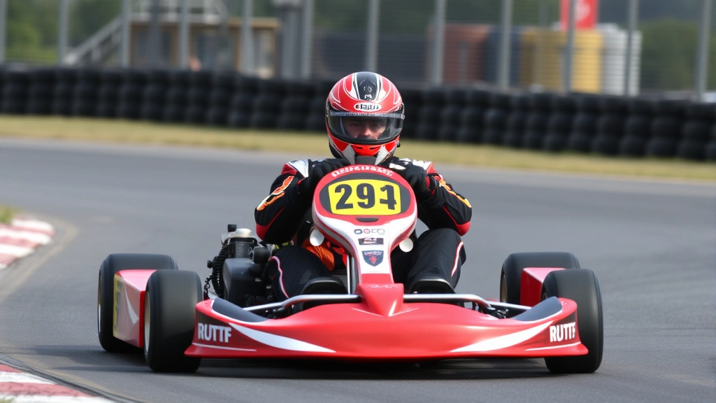 Professional go-kart racing driver in high-performance red racing kart on paved track, wearing helmet and racing suit, sharp focus on vehicle details and track environment