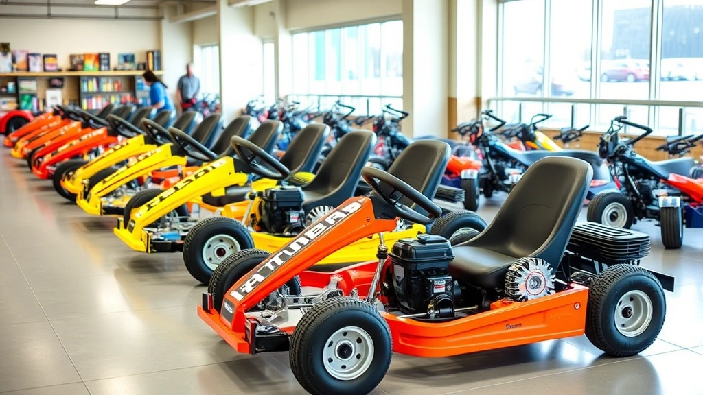Family recreational go-kart showroom display with multiple colorful models lined up, bright lighting showing chassis details, engines, and steering components clearly