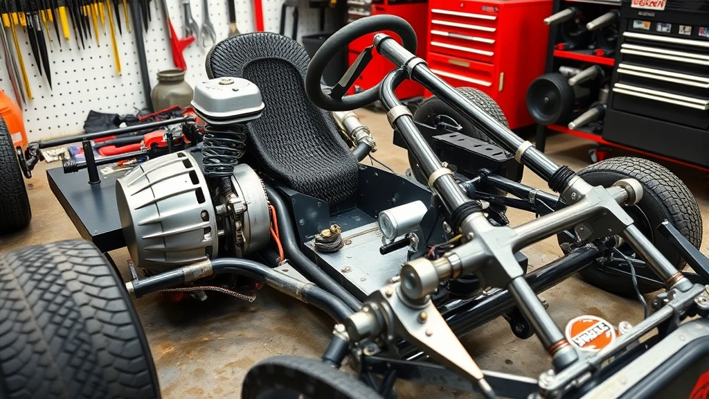 Close-up of go-kart mechanical components including engine, brake system, suspension, and frame assembly on workshop table with professional tools nearby