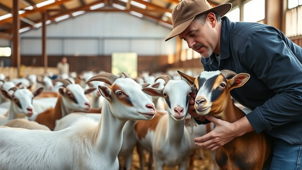 Professional farmer inspecting healthy dairy goats in a clean barn facility with natural sunlight, examining goat health and conformation standards