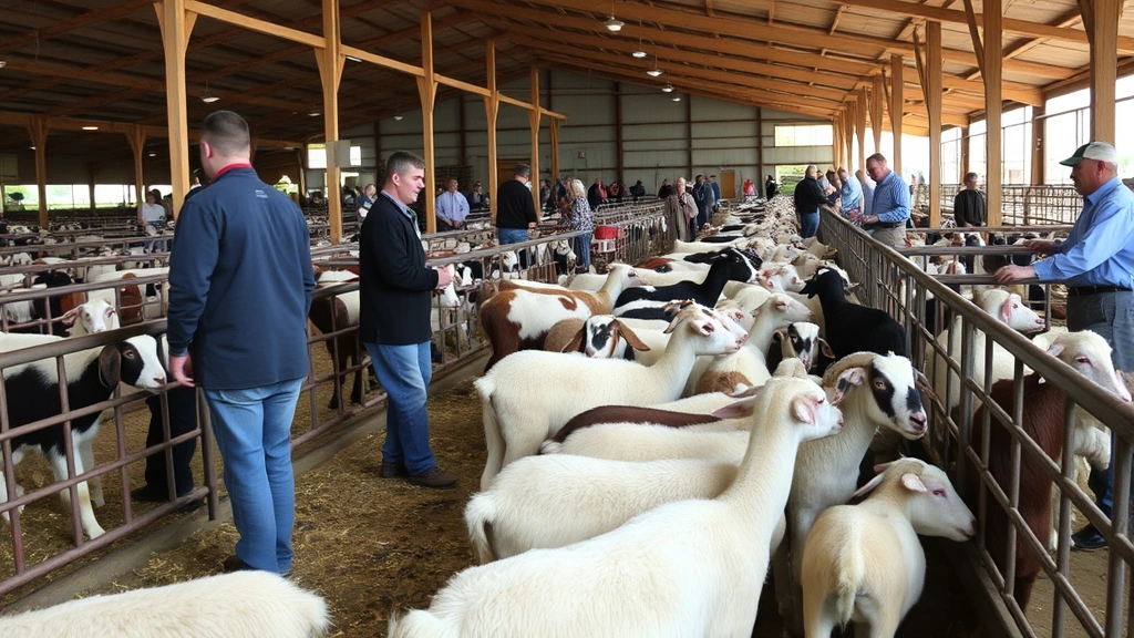 Livestock auction house scene with multiple goats in pens, buyers evaluating animals, professional agricultural marketplace environment