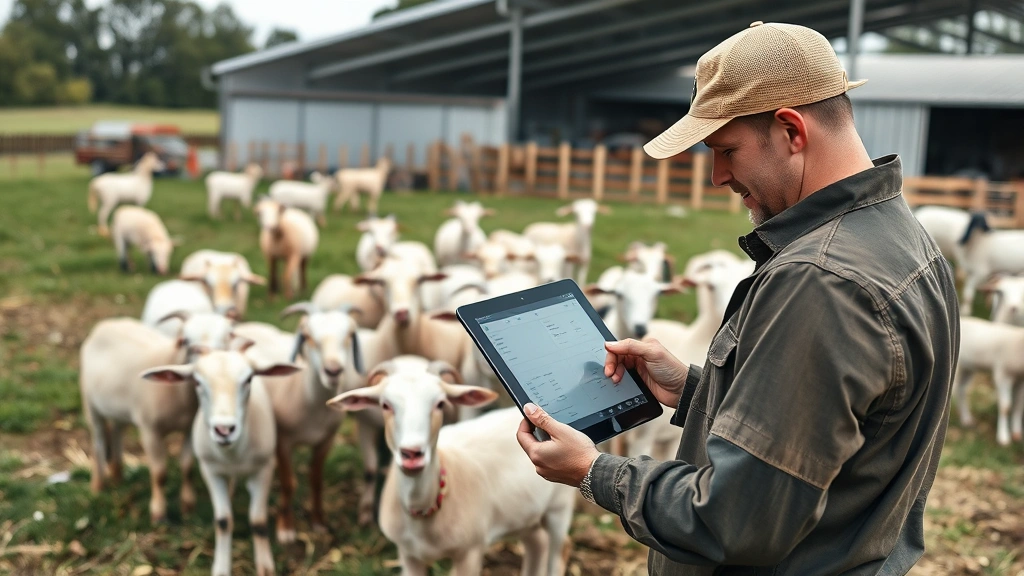 Modern farm operation showing goats grazing in pasture with farmer using tablet to manage inventory and sales, agricultural technology and commerce