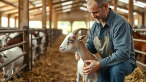 Professional farmer inspecting young goat in modern barn facility, checking health and body condition, natural lighting, rural agricultural setting