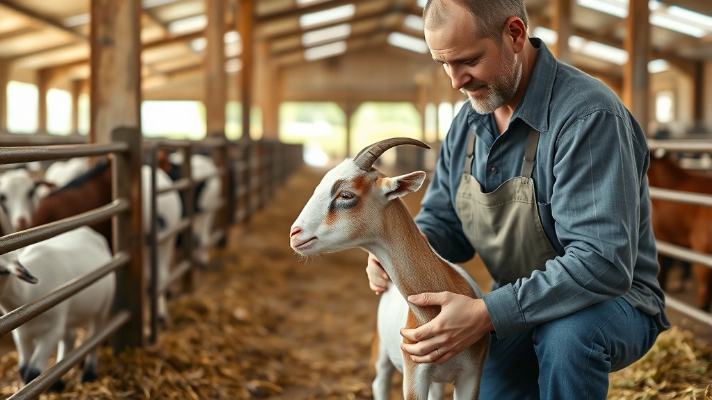 Professional farmer inspecting young goat in modern barn facility, checking health and body condition, natural lighting, rural agricultural setting