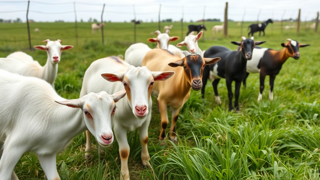 Group of healthy dairy goats grazing in lush pasture with fencing, demonstrates proper herd management and animal welfare standards