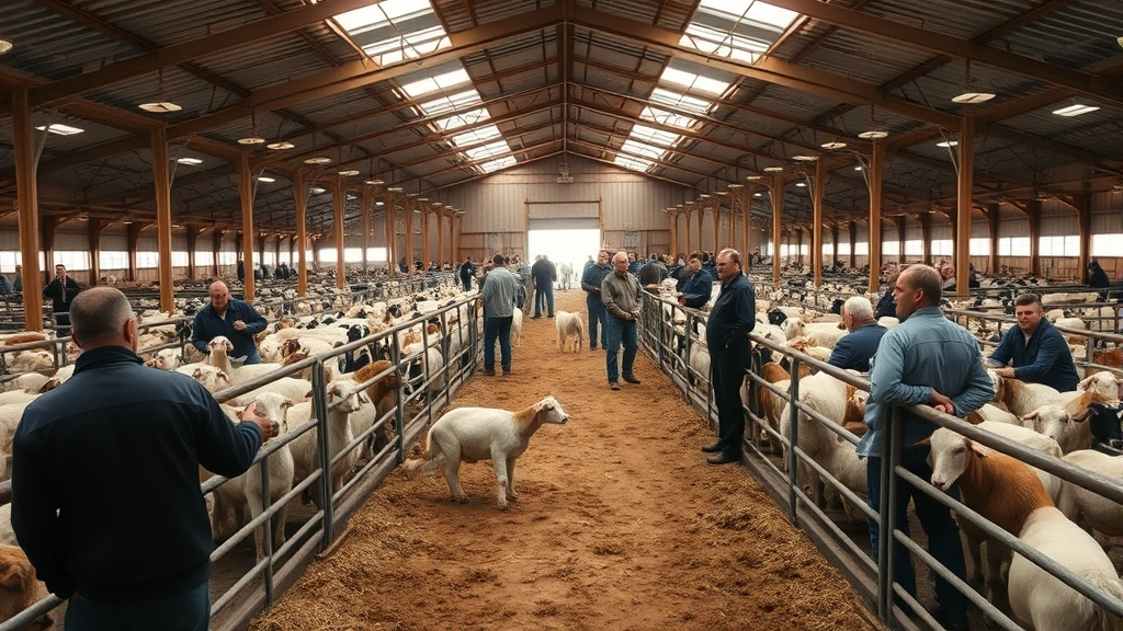 Livestock auction facility interior with multiple goat pens, buyers and sellers gathered for transaction, professional agricultural marketplace