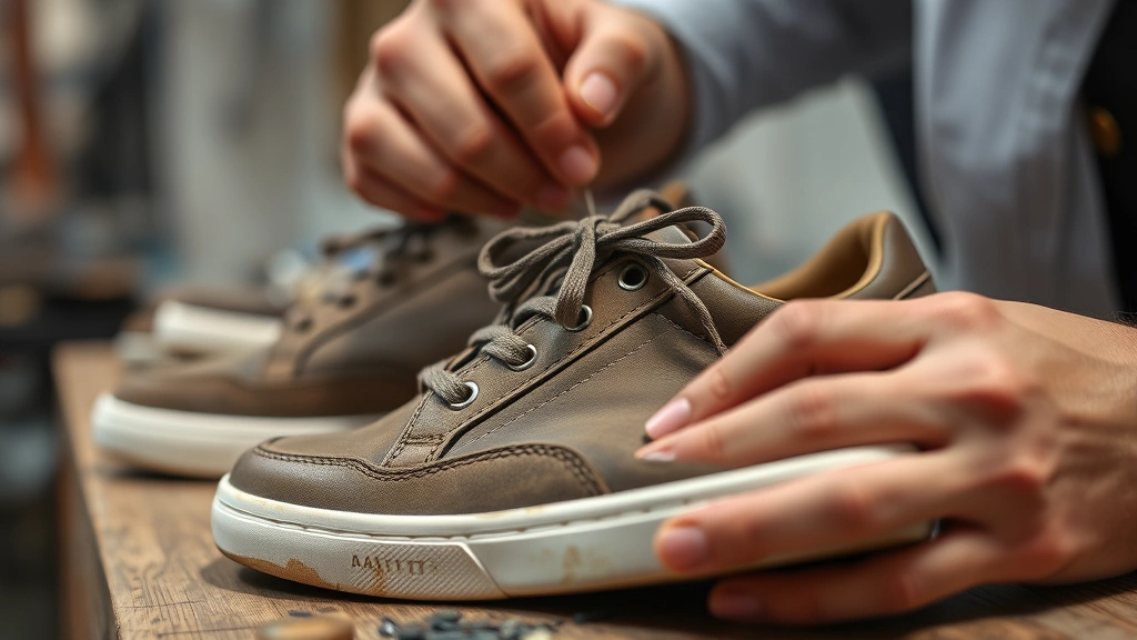 Luxury Italian sneaker brand workshop showing artisanal hand-stitching of premium leather shoes with distressed finishing details, craftsmanship focus, professional lighting, close-up detail work
