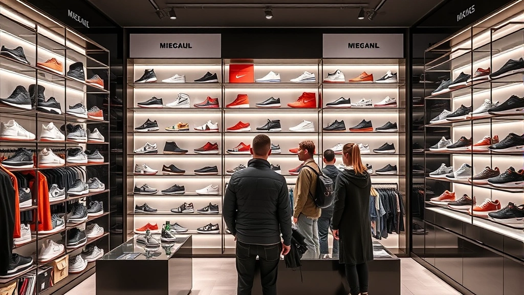 Fashion retail store interior with organized sneaker display shelves, luxury brand merchandising, professional retail environment, customers browsing designer footwear collection