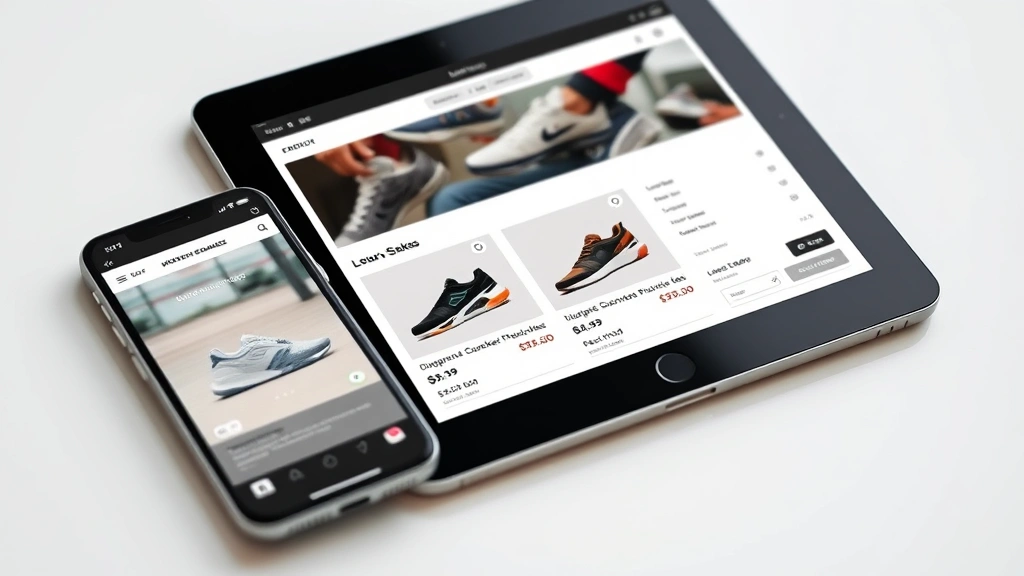 E-commerce luxury shopping interface on tablet and smartphone showing designer sneaker product pages, price comparisons, and checkout process, digital retail environment