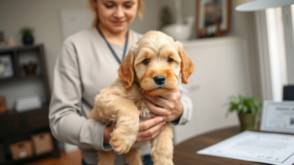Professional dog breeder holding a healthy golden-colored Goldendoodle puppy in a clean, well-lit home environment with certificates and health documentation visible on a nearby table