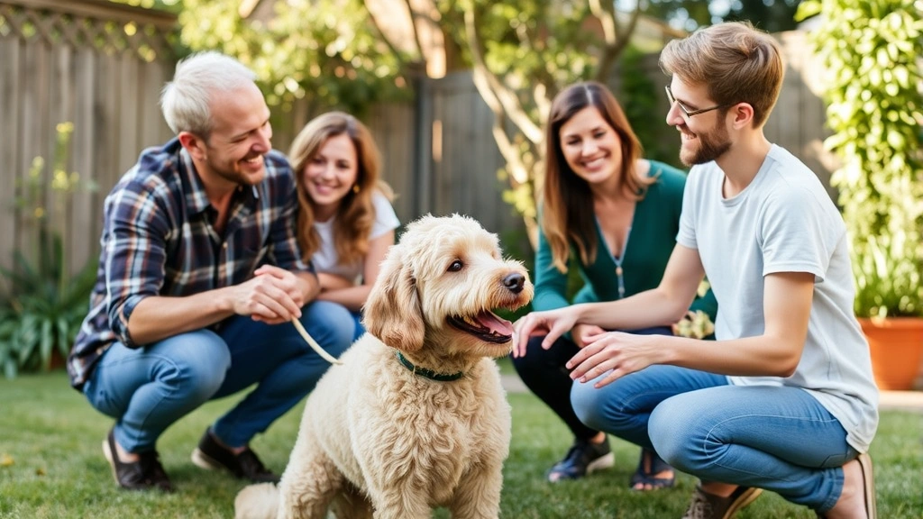 Happy family meeting and playing with an adult Goldendoodle dog in their backyard, demonstrating successful breeder-to-owner placement and dog compatibility