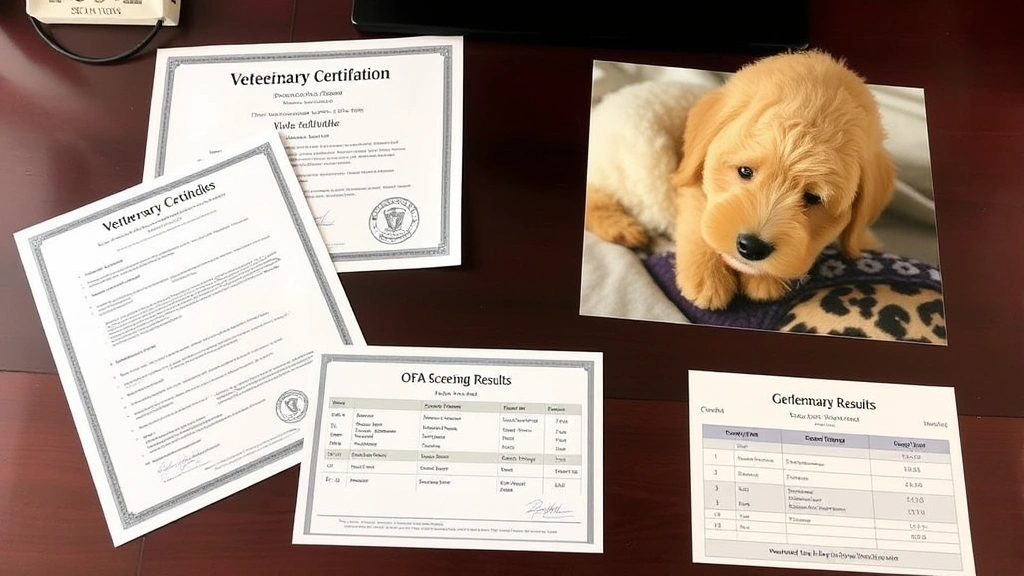 Veterinary health certification documents and OFA screening results laid out on a desk next to a Goldendoodle's photo, representing health testing and genetic screening documentation
