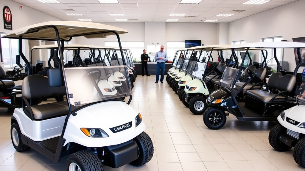 Professional golf cart dealer showroom with multiple electric and gas-powered models displayed in clean, well-lit indoor facility with sales staff in background