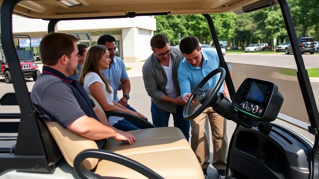 Diverse group of customers examining luxury golf cart features including premium seating, steering wheel, and dashboard technology in outdoor dealership setting