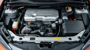 Close-up of Toyota GR Corolla turbocharged engine bay with visible turbocharger and performance components, professional automotive photography, clean detailed view showing engineering quality