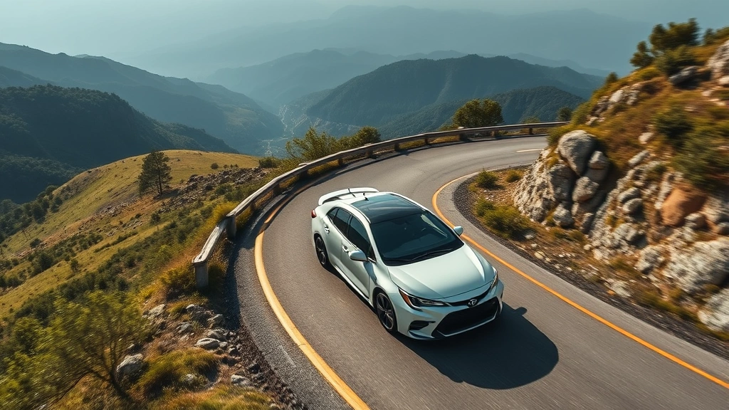 Overhead shot of GR Corolla on a winding mountain road during daylight, demonstrating performance driving dynamics, professional automotive lifestyle photography, no text or signage visible
