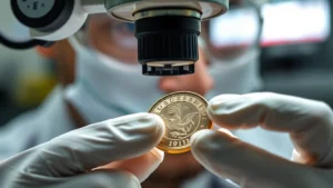 Professional numismatist examining high-grade certified coin under magnification lamp, holding coin with cotton gloves in secure grading environment, detailed close-up of coin surface quality
