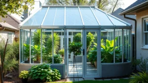 Professional modern residential polycarbonate greenhouse in suburban backyard setting, lush green plants visible inside through transparent panels, natural daylight, well-maintained garden surroundings, photorealistic