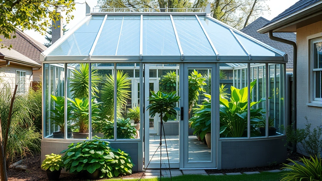 Professional modern residential polycarbonate greenhouse in suburban backyard setting, lush green plants visible inside through transparent panels, natural daylight, well-maintained garden surroundings, photorealistic