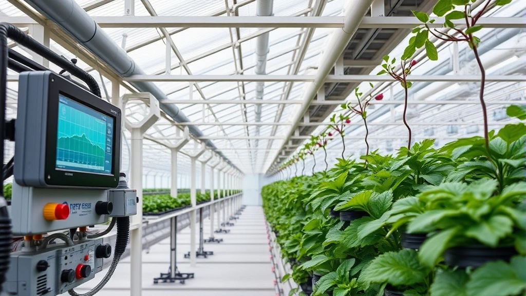 Close-up of greenhouse climate control technology including digital monitoring screens and automated systems, modern agricultural equipment, professional installation, clean industrial aesthetic, photorealistic