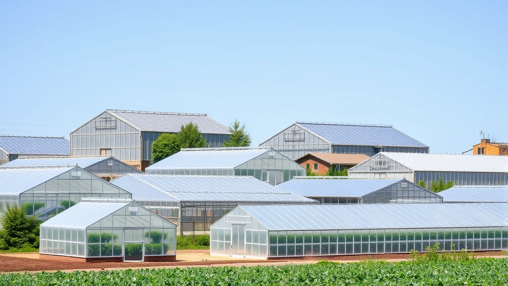Diverse greenhouse structures in agricultural setting showing different styles and sizes, professional farming operation with multiple buildings, sustainable agriculture setup with clear sky backdrop