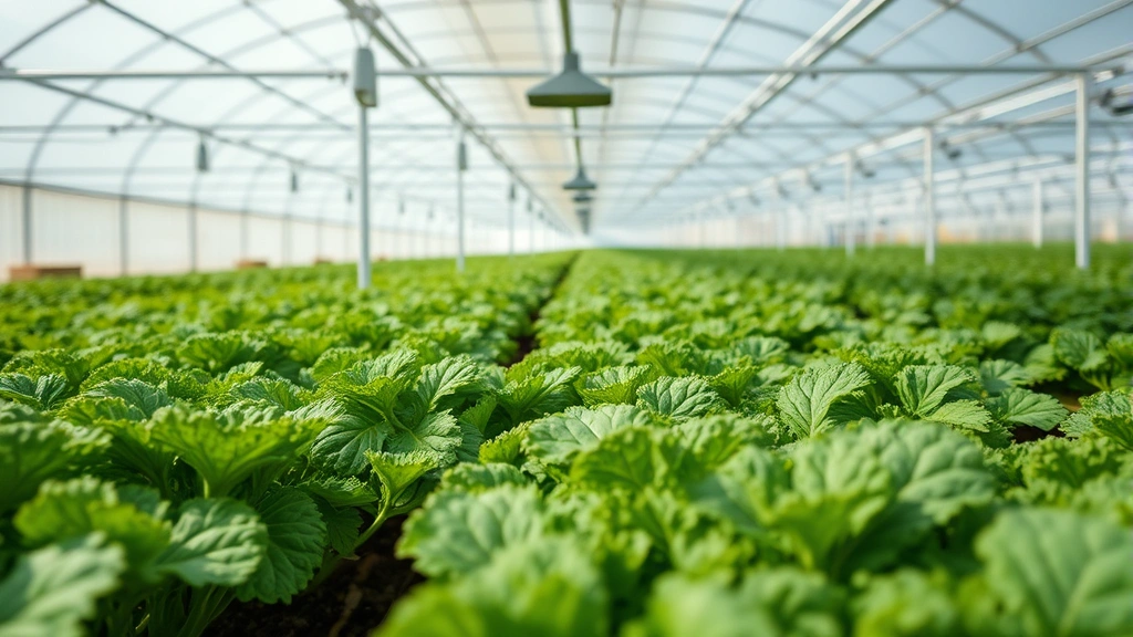 Close-up of thriving vegetable crops inside greenhouse environment, lush green plants with proper spacing, drip irrigation system visible, controlled growing conditions, commercial food production