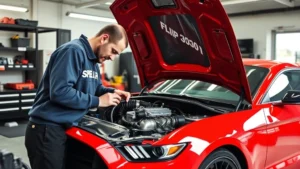 Professional automotive mechanic performing detailed engine inspection on a red Shelby GT500 in well-lit garage workshop with diagnostic equipment and tools visible