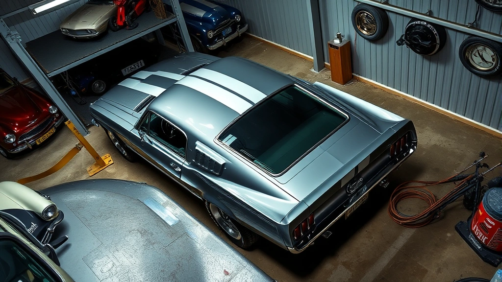 Overhead view of classic Shelby GT500 muscle car parked in climate-controlled storage facility with other collectible vehicles, emphasizing preservation conditions