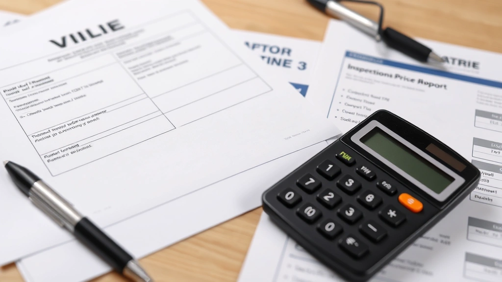 Close-up of vehicle title documents, inspection report, and price guide materials spread across desk with calculator and professional appraisal paperwork