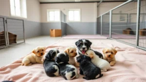 Professional Havanese breeder facility with clean, well-lit puppy socialization area featuring happy small fluffy puppies playing together on soft blankets, caring handler interacting with litter, natural daylight from windows, showing ethical breeding environment and animal welfare standards