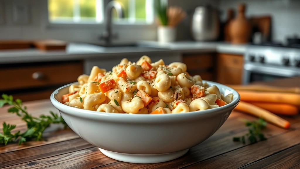 Professional food photographer capturing creamy Hawaiian mac salad in a white ceramic bowl with fresh diced carrots and onions visible, natural window lighting, rustic wooden table surface, professional kitchen background