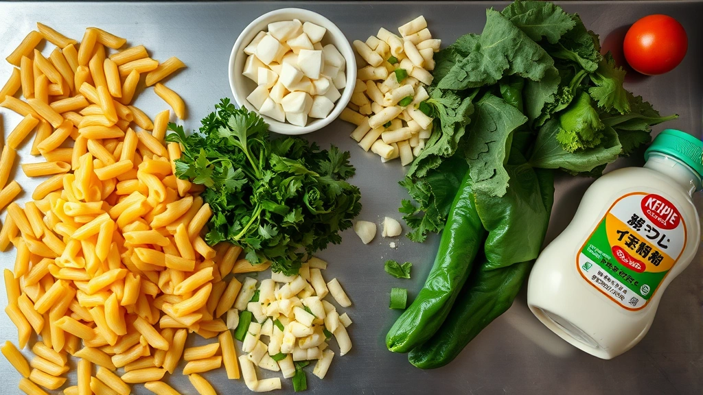Close-up overhead shot of fresh pasta ingredients including elbow macaroni, diced vegetables, and Japanese Kewpie mayonnaise bottle arranged on stainless steel prep table in commercial kitchen setting