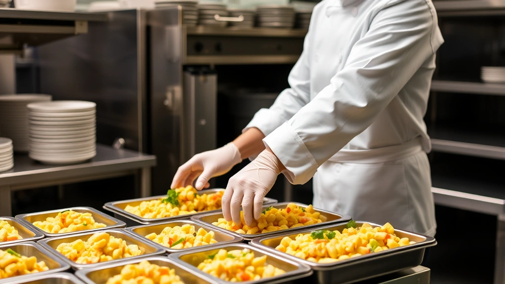 Food service worker in white chef coat plating Hawaiian mac salad with precision into compartmentalized serving trays, commercial kitchen background with stainless steel equipment, professional food service environment