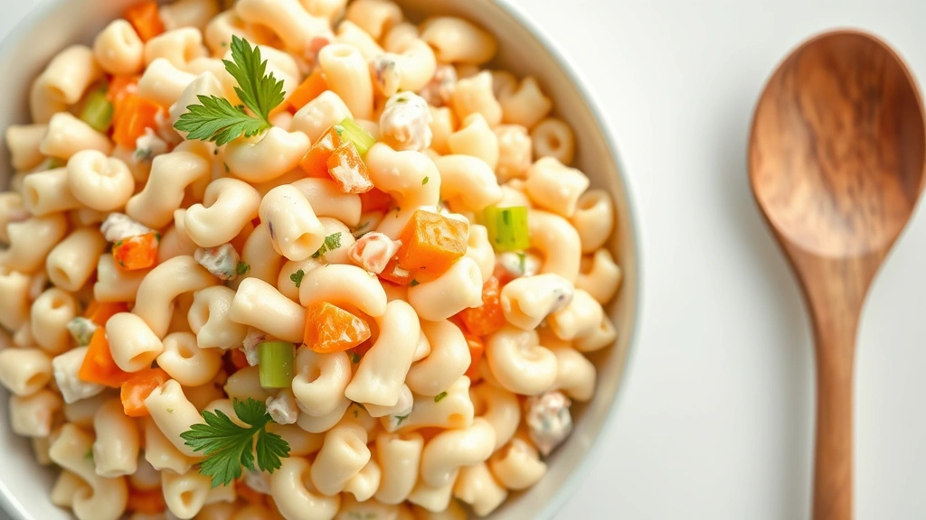 Professional overhead shot of creamy Hawaiian macaroni salad in white serving bowl with diced carrots and celery visible, wooden serving spoon, natural diffused lighting, clean white background, fresh and appetizing presentation