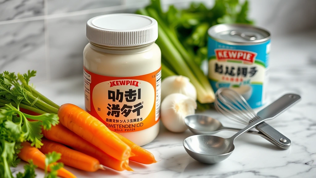 Close-up detail of Japanese Kewpie mayonnaise jar, sweetened condensed milk can, and fresh vegetables (carrots, onions, celery) arranged artfully on marble countertop with measuring spoons and whisk, professional food styling