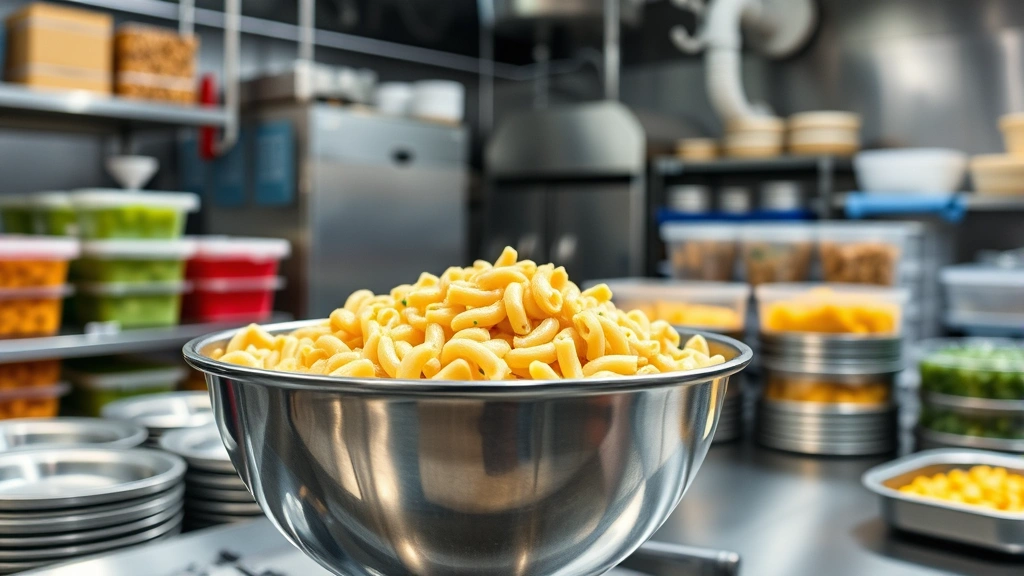 Commercial food production scene showing large stainless steel mixing bowl with prepared macaroni salad, professional kitchen environment with food storage containers, clean and hygienic food preparation workspace, bright professional lighting