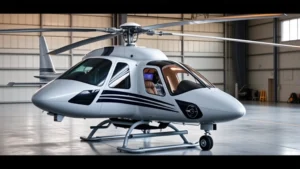 Professional helicopter parked in modern hangar facility with bright natural lighting, showing sleek exterior design and advanced avionics visible through cockpit windows, representing premium aircraft investment
