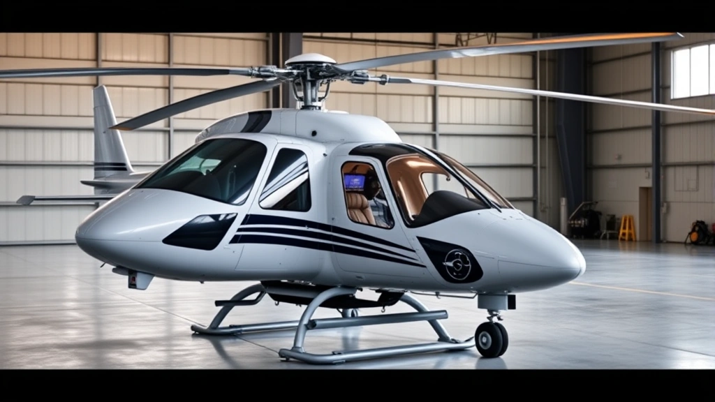 Professional helicopter parked in modern hangar facility with bright natural lighting, showing sleek exterior design and advanced avionics visible through cockpit windows, representing premium aircraft investment