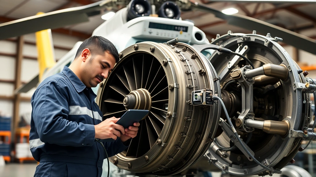 Experienced aircraft mechanic performing detailed inspection of helicopter turbine engine components using diagnostic equipment and tools, demonstrating professional maintenance standards and technical expertise