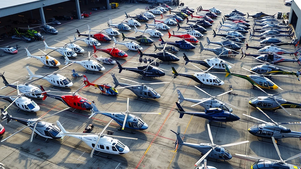 Aerial view of diverse helicopter fleet lined up in organized storage facility, showcasing various models and sizes representing different market segments and commercial applications in aviation industry