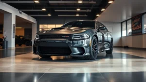 Professional automotive dealership showroom with sleek Dodge Charger Hellcat on display, dramatic lighting highlighting the vehicle's aggressive front grille and muscular body lines, polished concrete floor, modern minimalist background with no signage or text visible