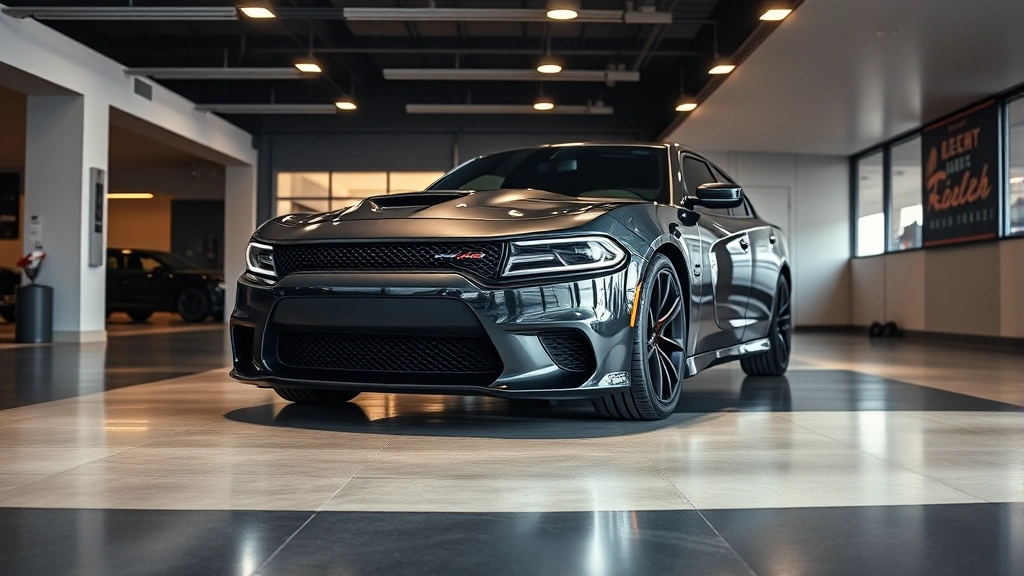 Professional automotive dealership showroom with sleek Dodge Charger Hellcat on display, dramatic lighting highlighting the vehicle's aggressive front grille and muscular body lines, polished concrete floor, modern minimalist background with no signage or text visible