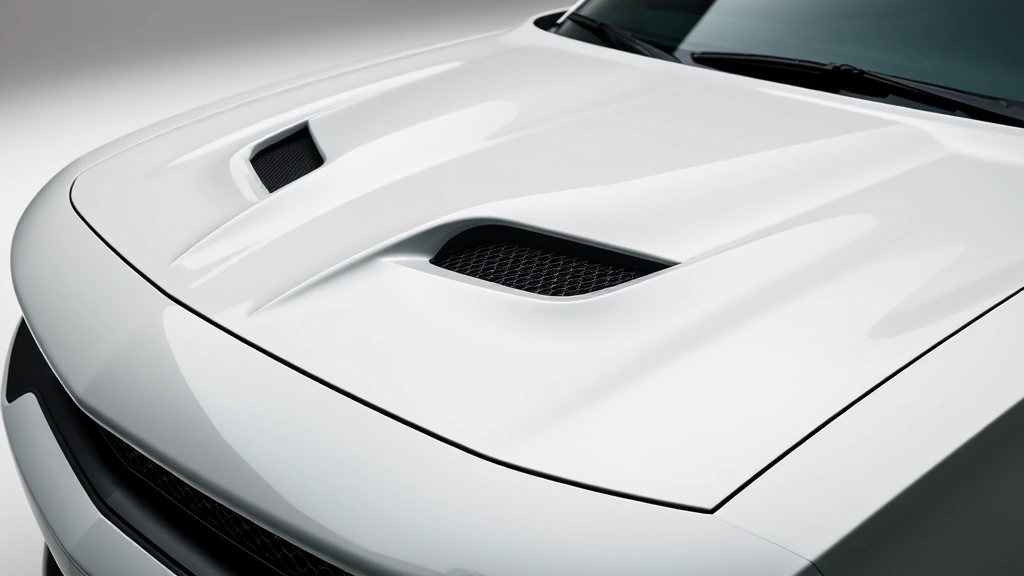 Close-up detail shot of Hellcat Charger's distinctive hood, aggressive hood vents, and premium paint finish under studio lighting, photorealistic texture showing depth and quality, neutral background emphasizing vehicle design elements
