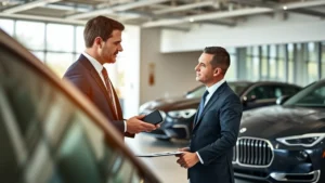 Professional businessman in tailored suit conducting consultative meeting with luxury car buyer in modern dealership showroom, natural lighting emphasizing trust and expertise